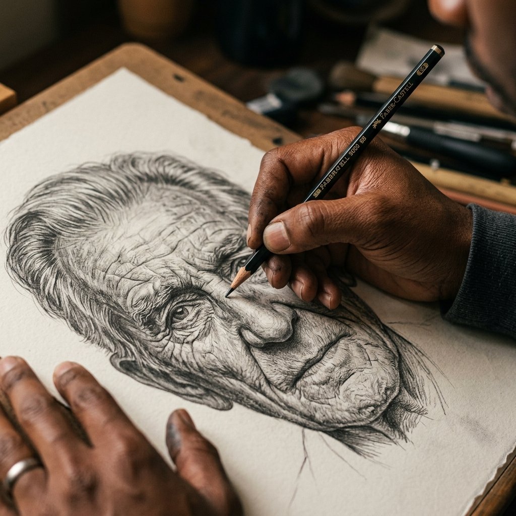 Gros plan d'un portrait au crayon graphite en cours de réalisation par Sweet'Art